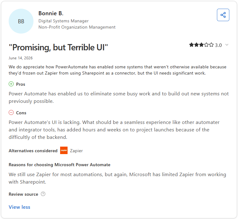 Capterra review by Bonnie B., Digital Systems Manager in Non-Profit Organization Management, rating Microsoft Power Automate 3 out of 5