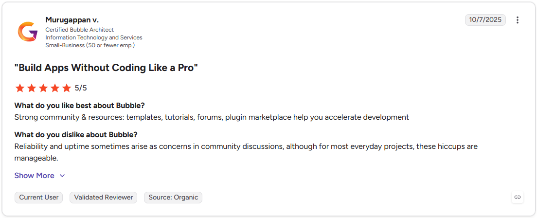 5-star G2 review of Bubble by Murugappan V., Certified Bubble Architect, Information Technology and Services, titled "Build Apps Without Coding Like a Pro"