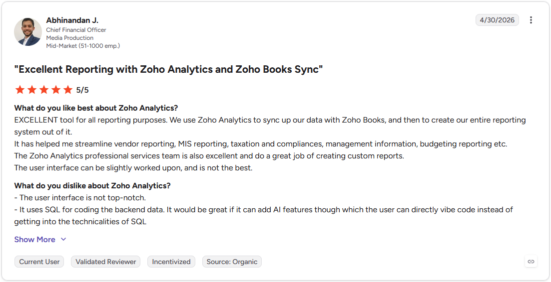 G2 review by Abhinandan J., CFO at a mid-market media production company, rating Zoho Analytics 5 out of 5 stars.