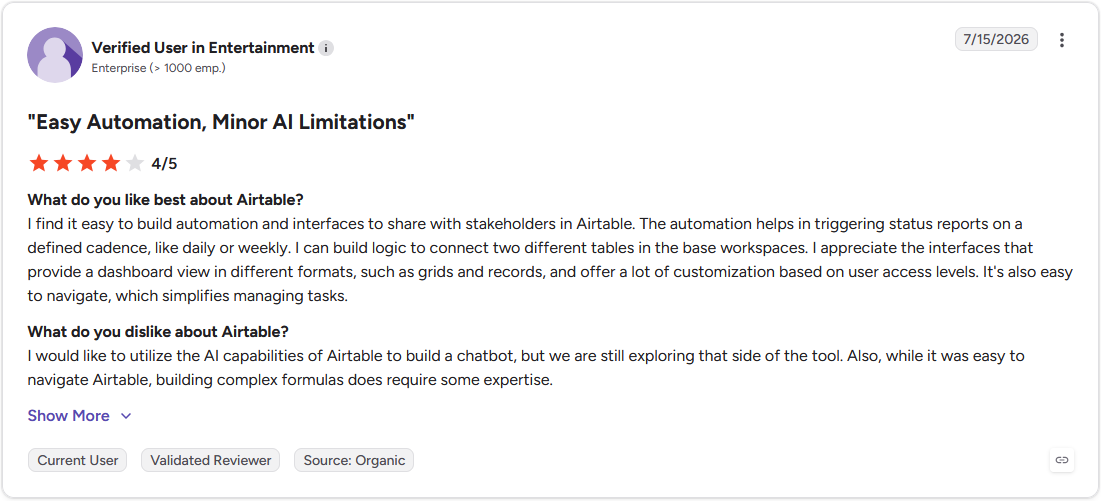 G2 review by a Verified User in Entertainment, Enterprise company (1,000+ employees), rating Airtable 4 out of 5 stars.