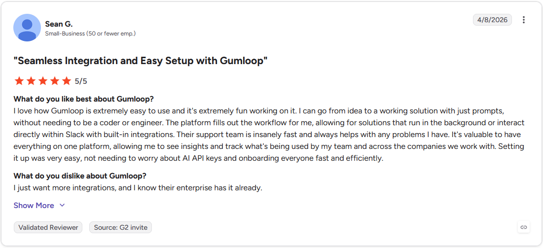 G2 review by Sean G., Small-Business owner, rating Gumloop 5 out of 5