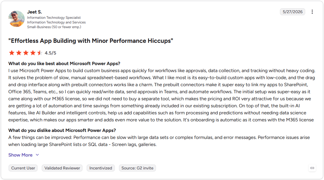 G2 review screenshot - Jeet S. rates Microsoft Power Apps 4.5/5