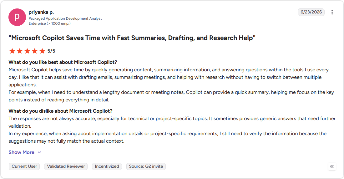 G2 review from an analyst noting accuracy issues with Copilot on technical topics