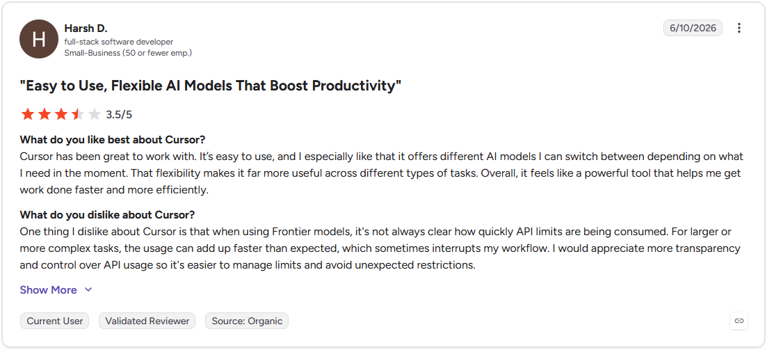 G2 review by Harsh D., full-stack software developer, Small-Business, 3.5 out of 5 stars, June 10, 2026