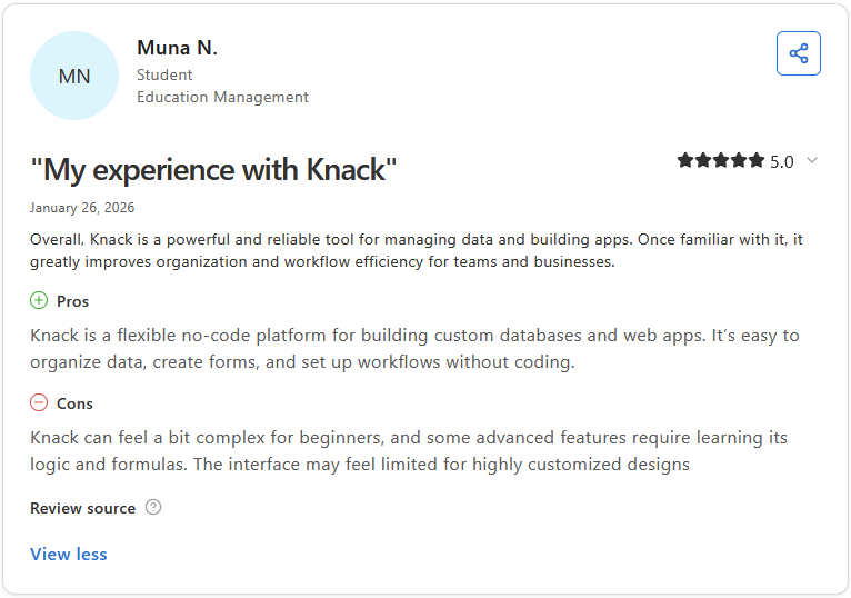 5-star Capterra review of Knack by Muna N., Student, Education Management, titled "My experience with Knack"