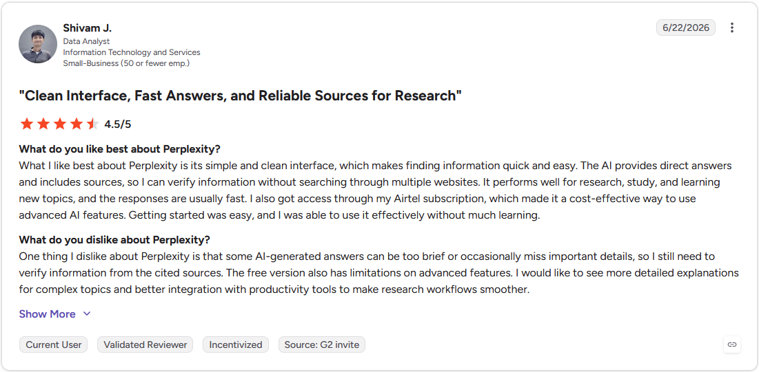 G2 review from a data analyst noting Perplexity's answers can miss detail on complex topics