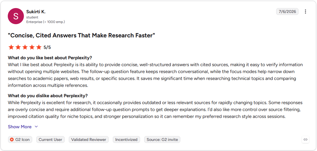 G2 review from a student praising Perplexity's concise, cited answers for research