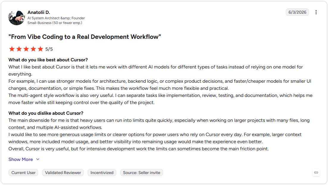G2 review by Anatolii D., AI System Architect and Founder, Small-Business, 5 out of 5 stars, June 3, 2026
