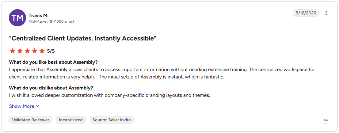 G2 review by Travis M., Mid-Market, 5 out of 5 stars, August 16, 2026