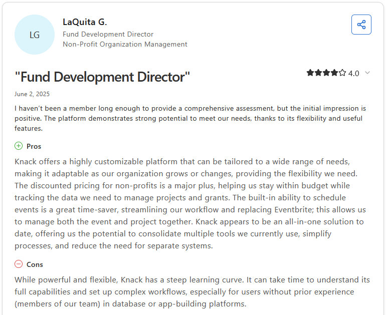 4-star Capterra review of Knack by LaQuita G., Fund Development Director, Non-Profit Organization Management, titled "Fund Development Director"