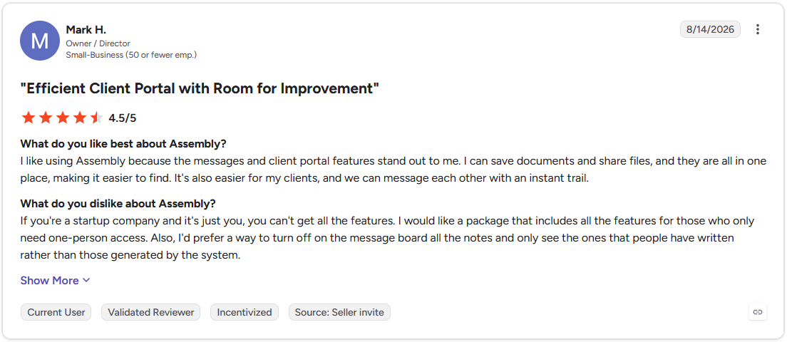 G2 review by Mark H., Owner/Director, Small-Business, 4.5 out of 5 stars, August 14, 2026