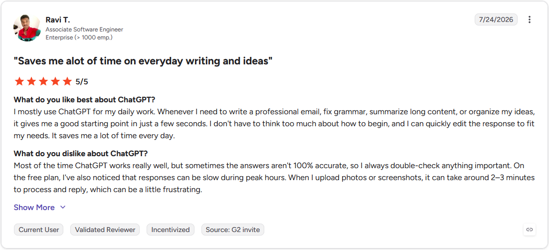 G2 review from a software engineer praising ChatGPT's speed for everyday writing tasks