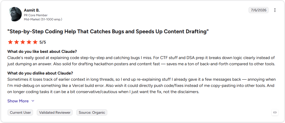 G2 review from a developer noting Claude losing context in longer conversation threads