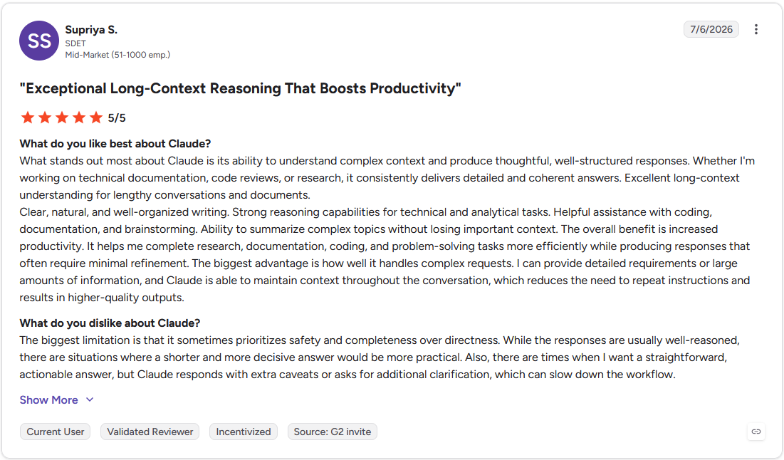 G2 review from a software engineer describing Claude's long-context reasoning and productivity gains