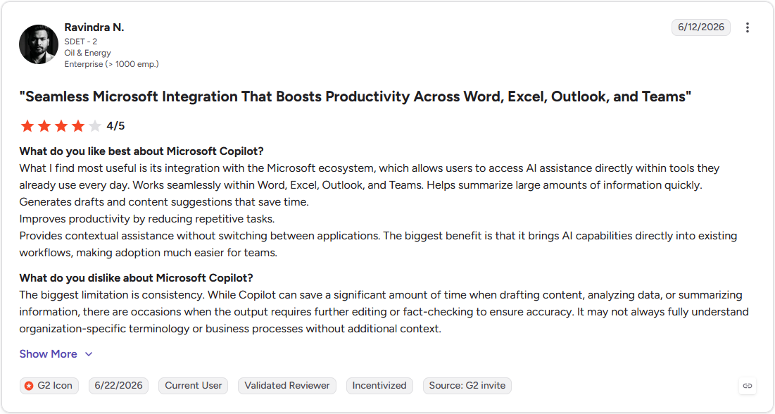G2 review from an engineer describing Copilot's integration across Microsoft 365 apps