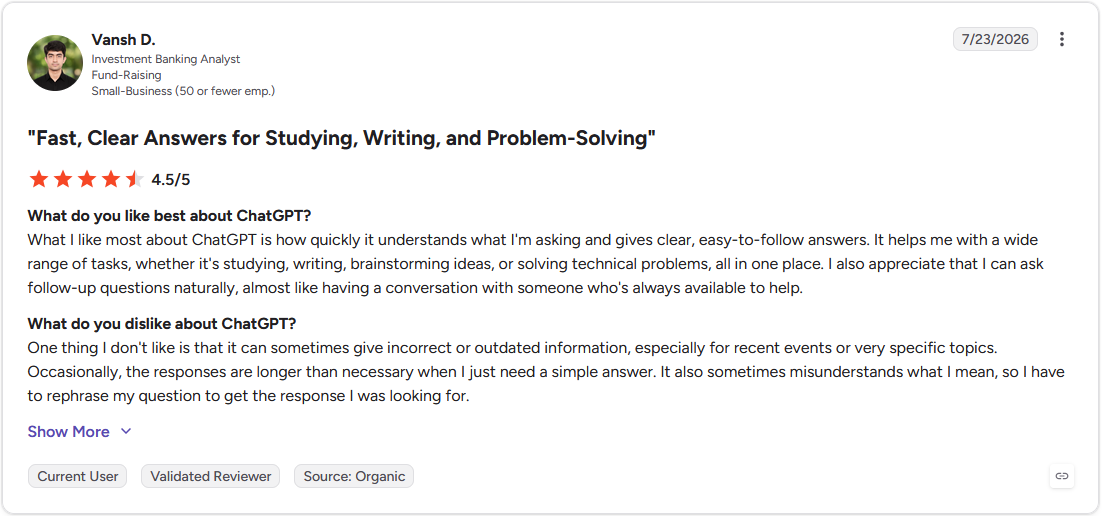 G2 review from an investment banking analyst noting accuracy issues with ChatGPT's answers