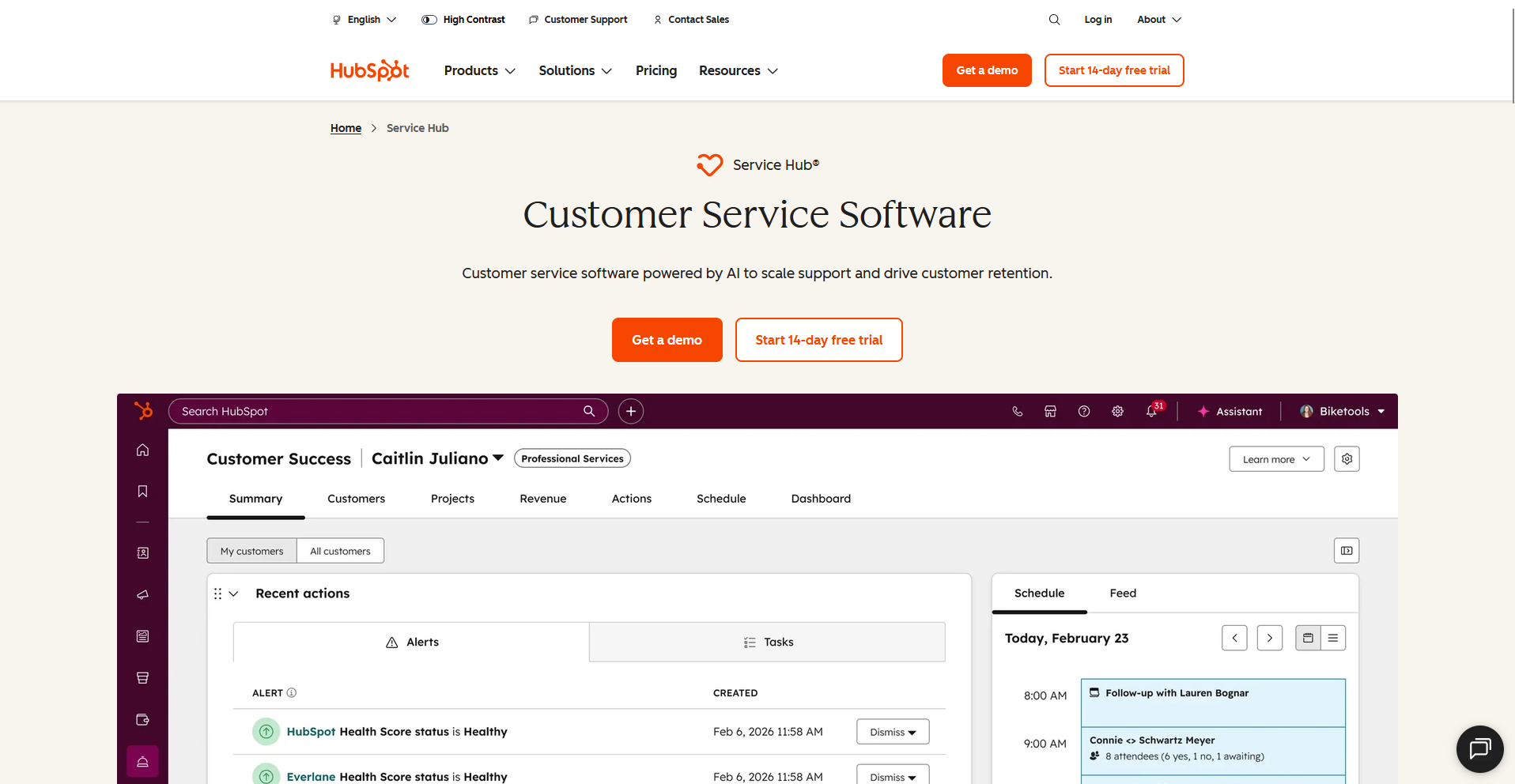 HubSpot Service Hub homepage