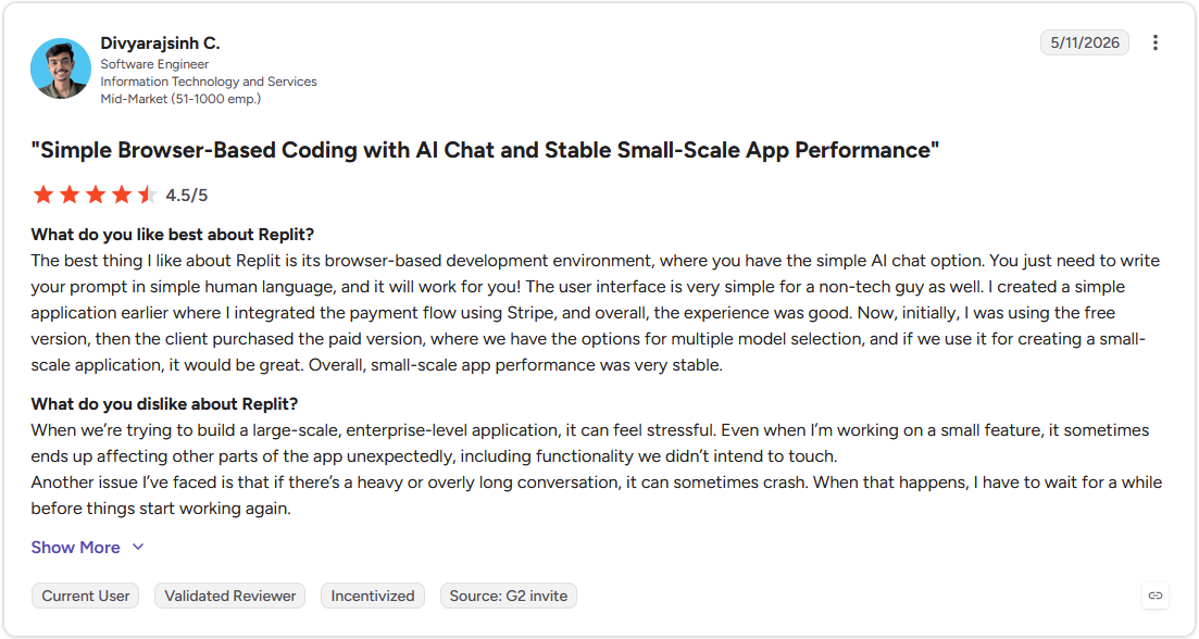 G2 review by Divyarajsinh C., Software Engineer, Information Technology and Services, 4.5 out of 5 stars, May 11, 2026