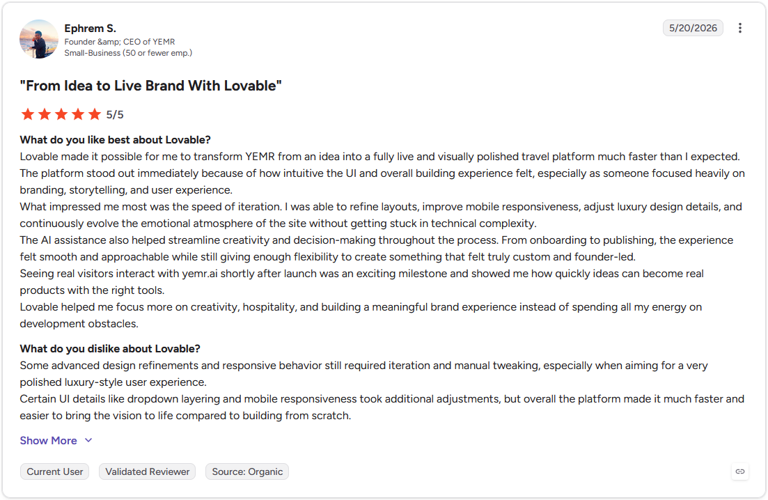 G2 review by Ephrem S., Founder and CEO of YEMR, 5 out of 5 stars, May 20, 2026