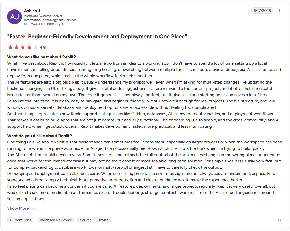 G2 review by Ashish J., Associate Systems Analyst, Information Technology and Services, 4 out of 5 stars, June 17, 2026