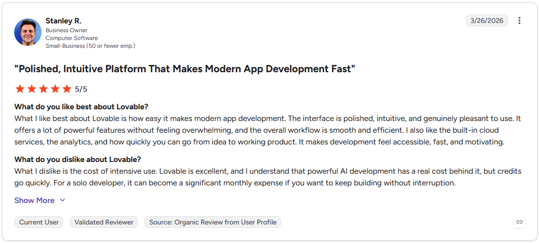 G2 review by Stanley R., Business Owner, Computer Software, 5 out of 5 stars, March 26, 2026