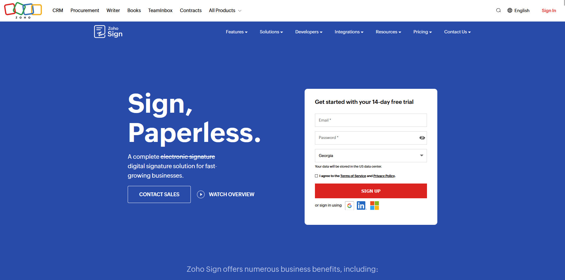 Zoho Sign homepage