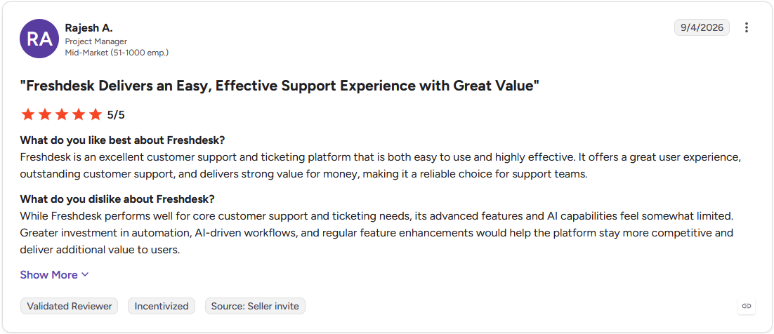 Review by Rajesh A. on G2
