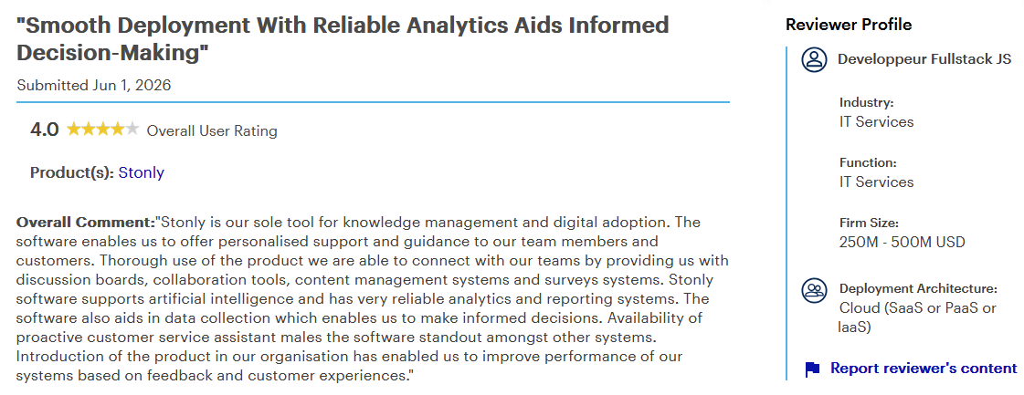 Review by Developpeur Fullstack JS on Gartner