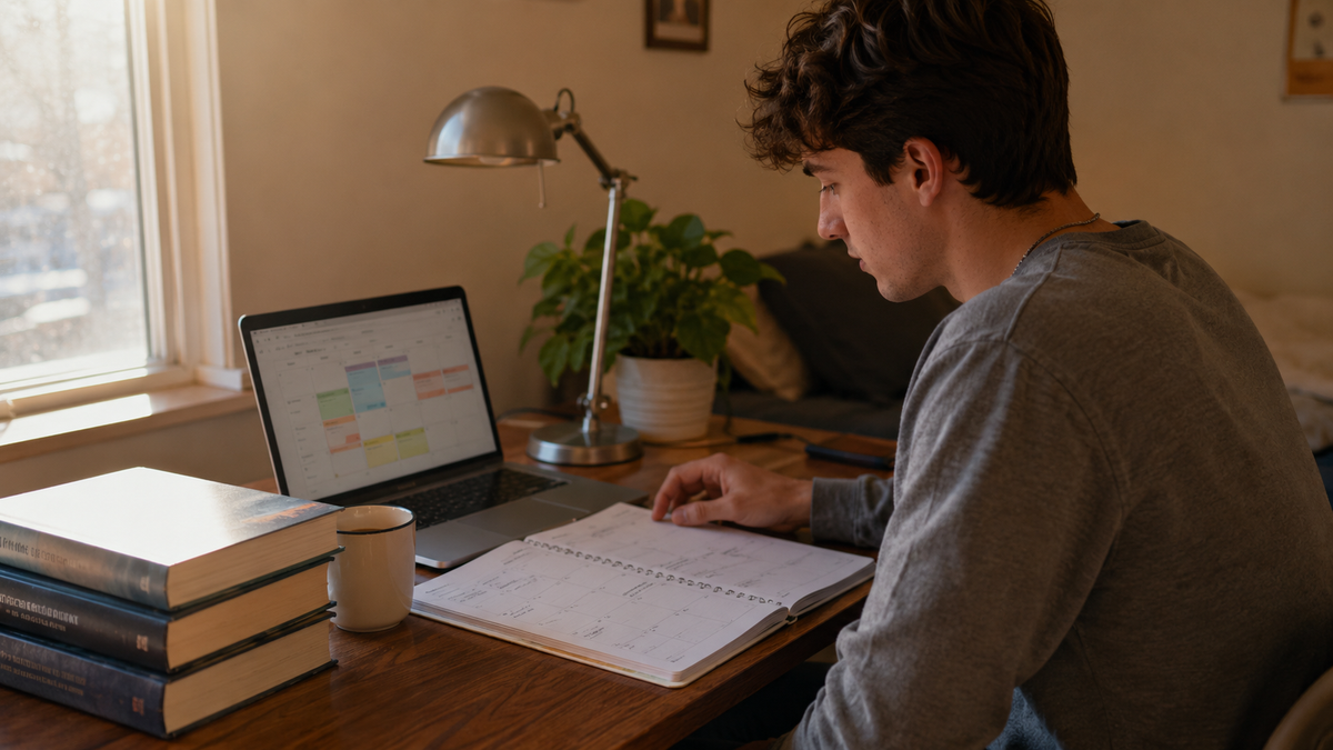 A student planning the week ahead in a paper planner beside a laptop calendar