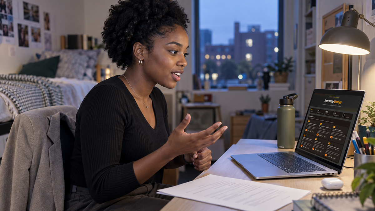 A college student practicing out loud at her dorm-room desk, with Internship Listings open on her laptop.