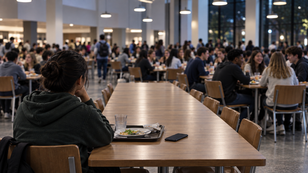 A student sitting alone at the end of a long dining hall table while other students talk in groups nearby