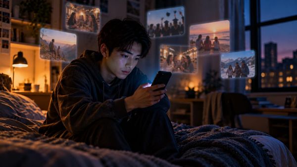 A college student on a dorm bed at night, lit by a phone, with other people's highlight photos floating around the room