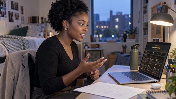 A college student practicing out loud at her dorm-room desk, with Internship Listings open on her laptop.