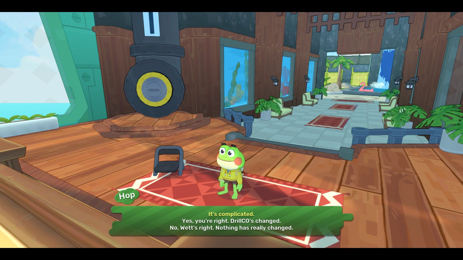 Hop stands in an office, with three dialogue options to say DrillCo has changed, hasn't changed, or "It's complicated."