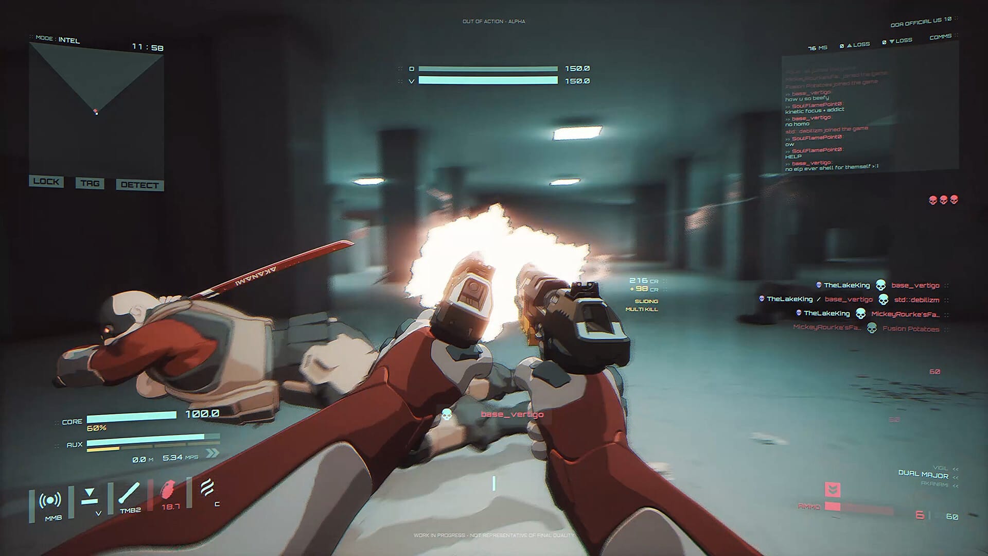 A person dives while swinging a sword as the player fires akimbo pistols at them.