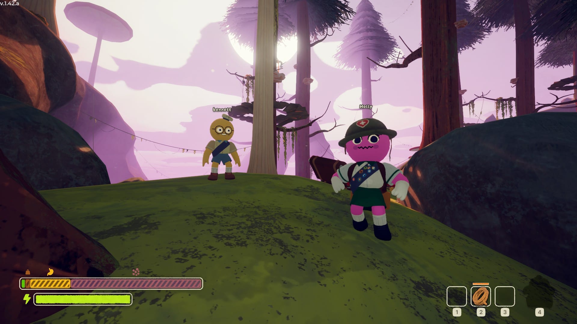 Holly and Bennett wander around on the mossy rocks, with Emeric out of sight.