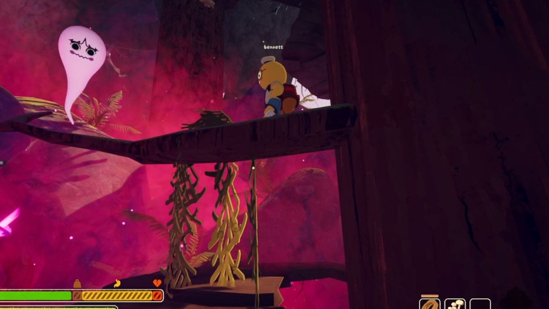 Holly's ghost floats above the players, looking down on them as they navigate some tree branches.