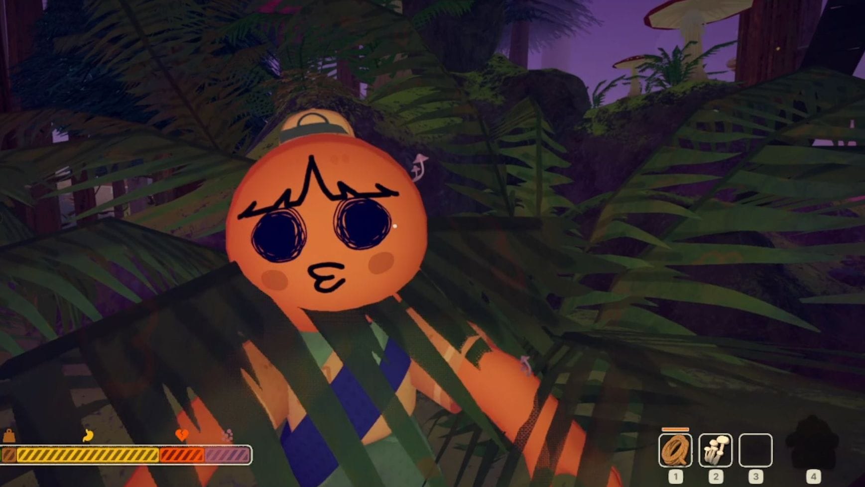 The zombie body of Emeric has risen with black eyes, and stands among ferns.