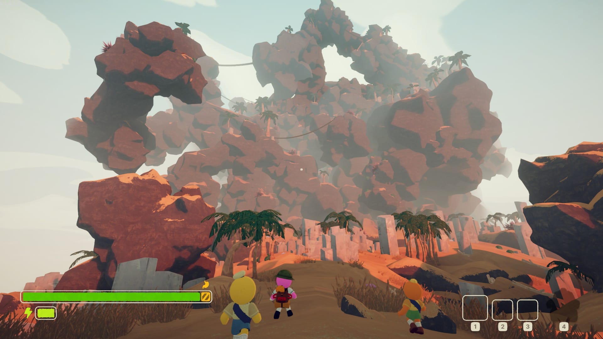 Three players stroll towards a twisting and rugged looking mountain.