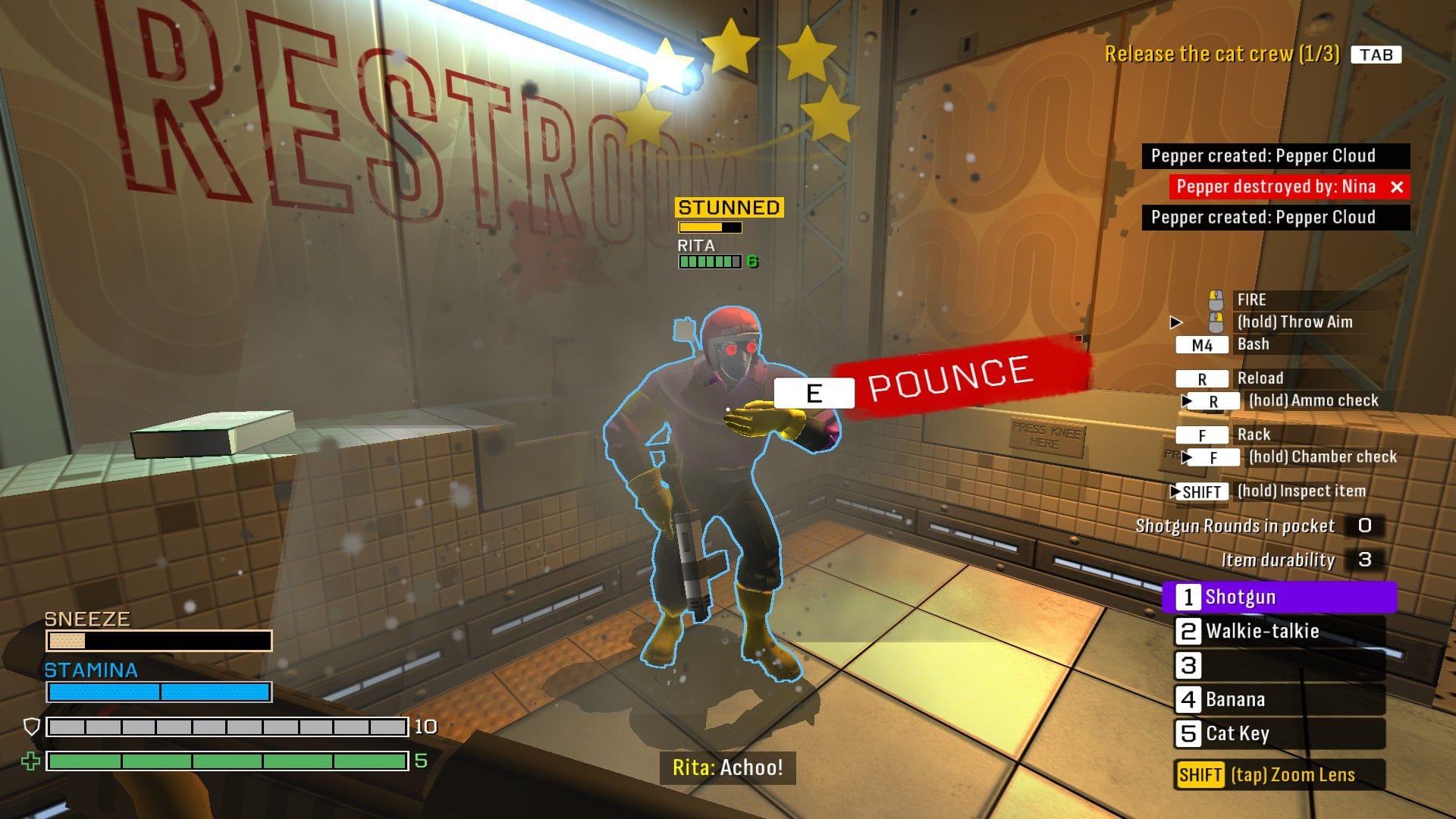 An enemy pirate sneezes as she is stunned, offering the player the chance to "pounce" and take her down. 