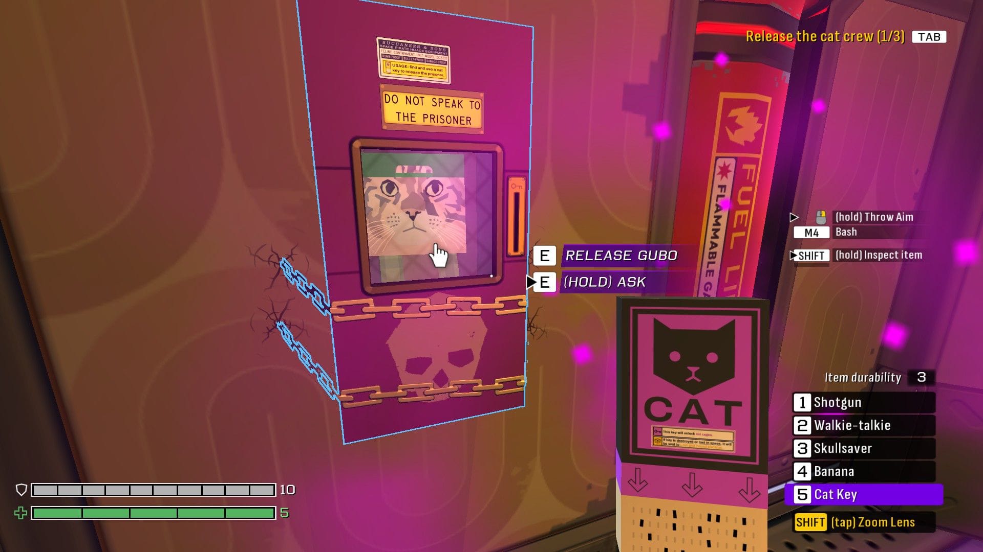 A cat is trapped in a chained-up box, but the player has the key - from immersive sim Skin Deep.