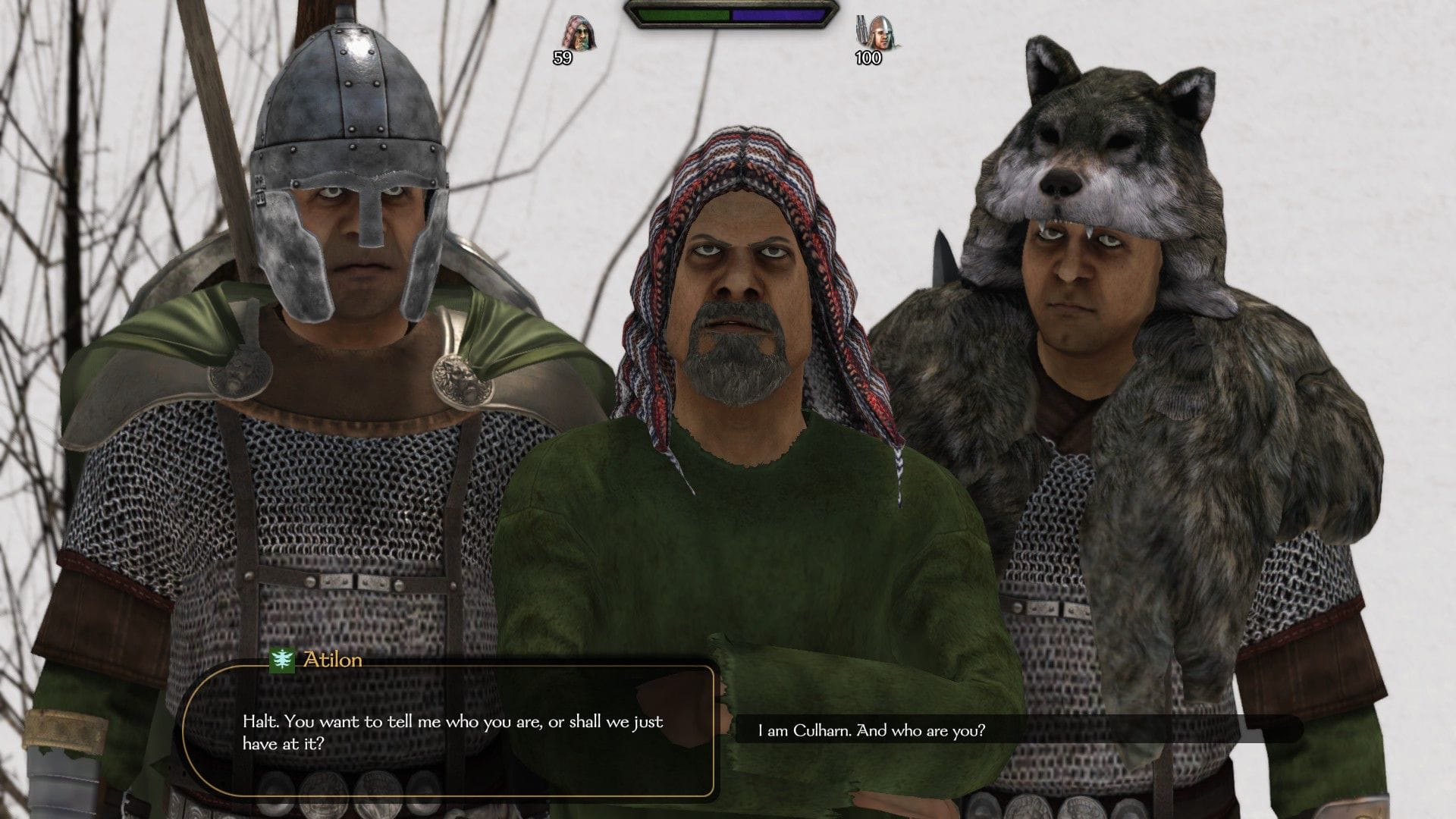 Three armoured barbarians accost the player in Mount & Blade 2: Bannerlord.