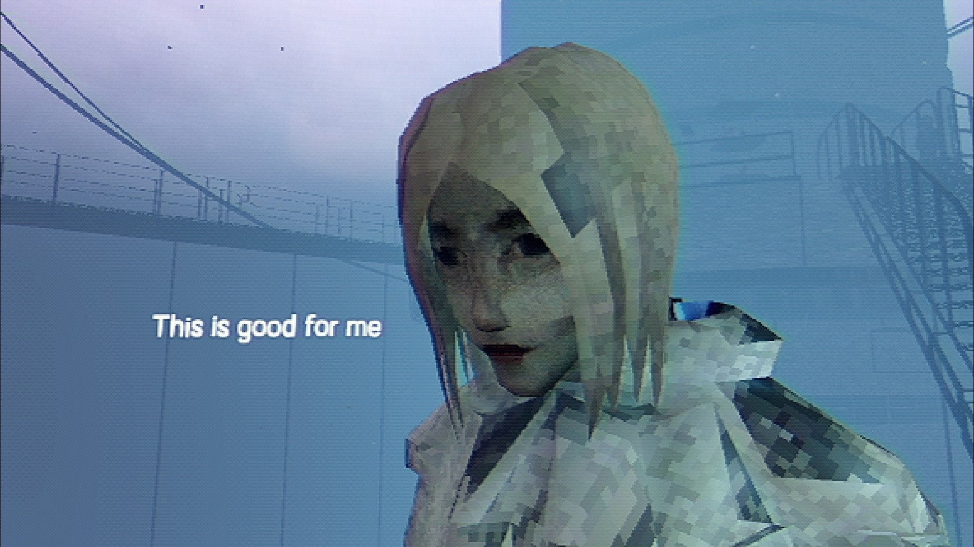 A woman with white hair looks dead-eyed toward the ground, saying "This is good for me".