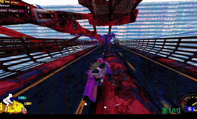 The player lands after a big jump and is struck by an opponent who catches up from behind.