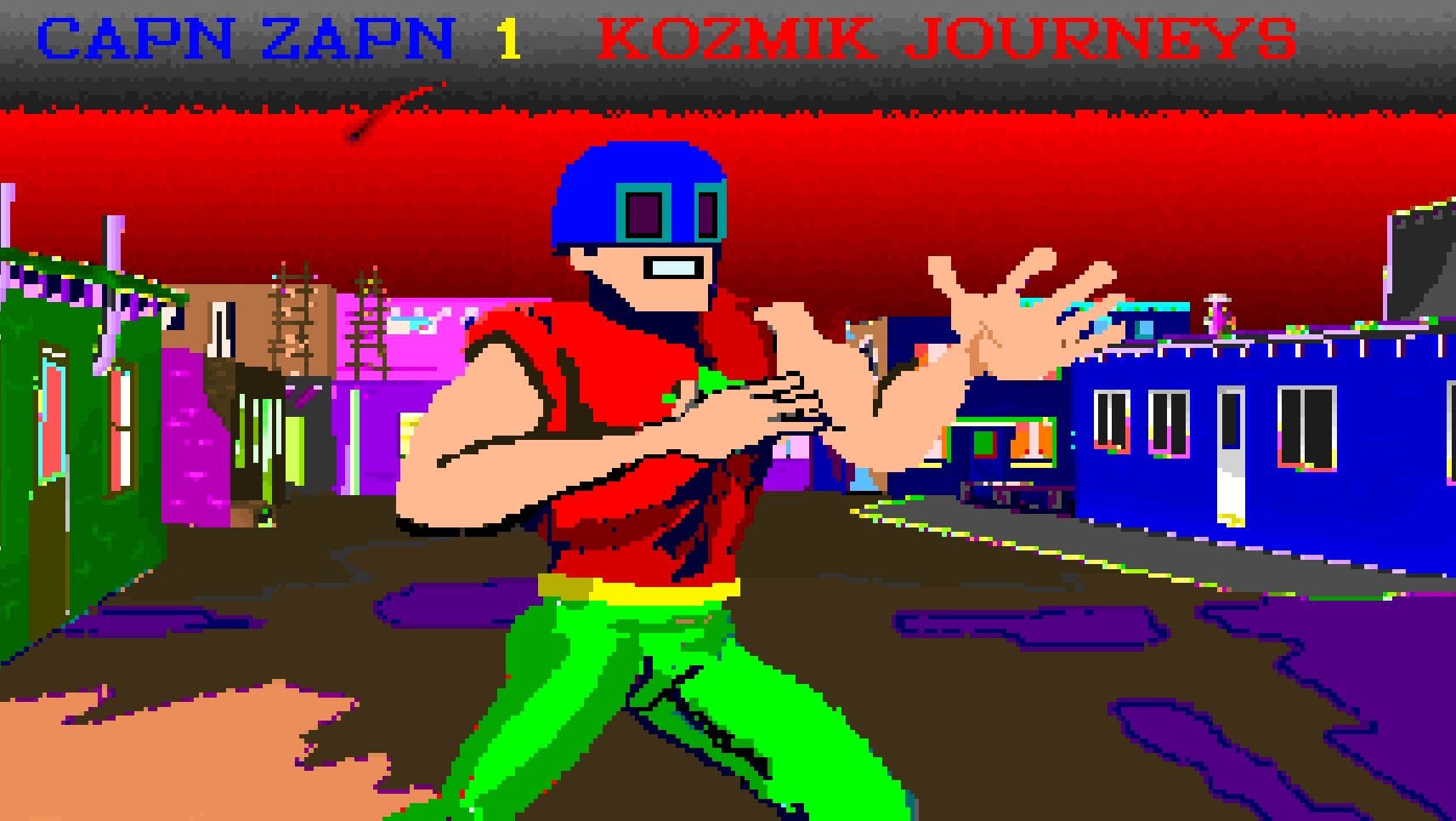 A hero in a blue mask and red vest prepares to fight, drawn in MS Paint style.