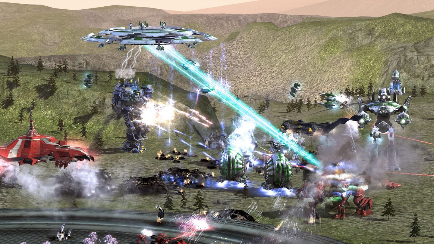 Giant robots and tanks of the future fire lasers at each other on green fields.