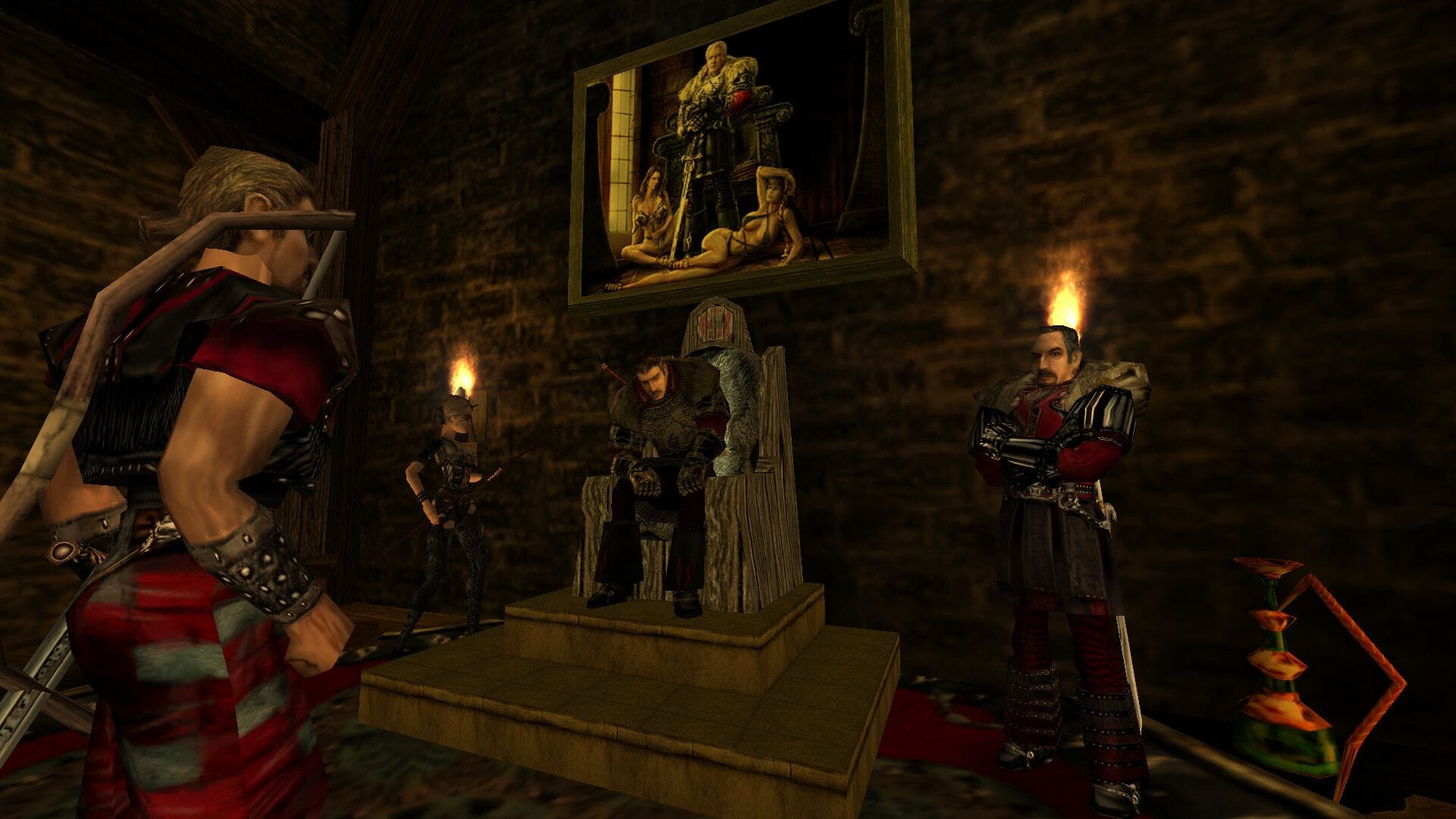 A lord sits on a throne surrounded by guards, with a painting hanging above him.