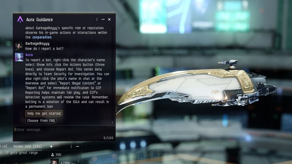 The player asks the chatbot how to report a bot, and it answers truthfully.