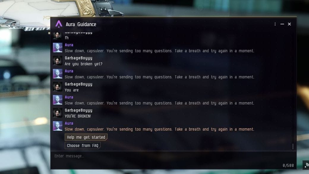 The chatbot tells the player they are typing too many questions too fast.