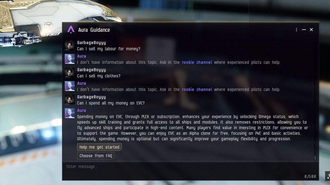 The chatbot tells the player it is good to spend money on Eve Online, but you might not need to.